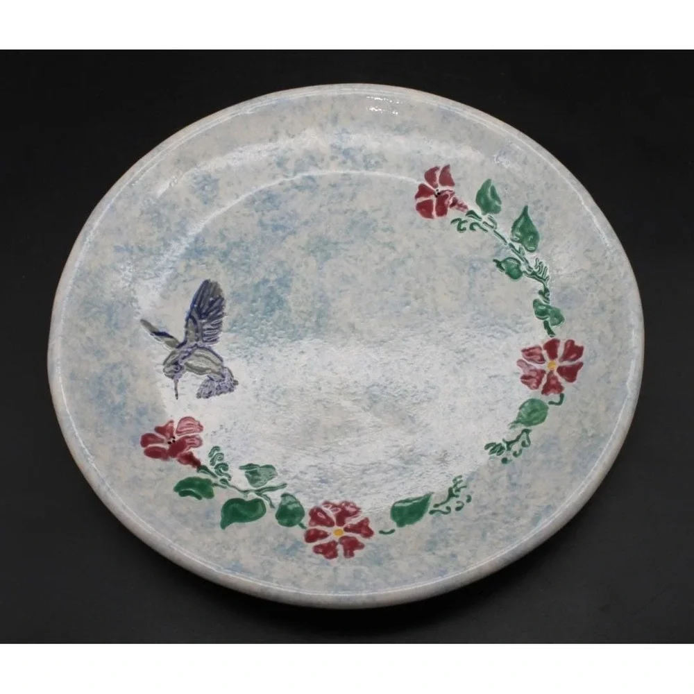 Hand Painted Hummingbird Floral Oval Serving Platter Blue Spongeware Style 12.5
